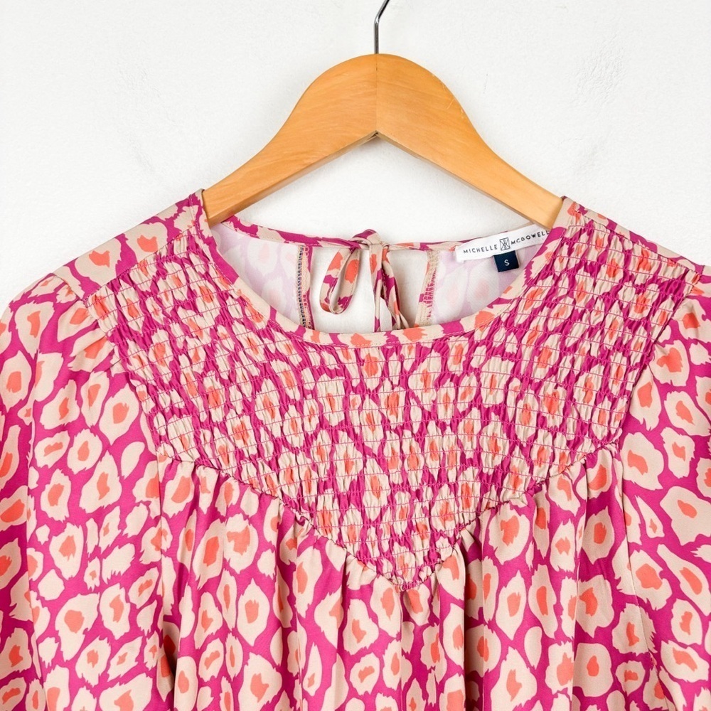 Michelle McDowell Pink Leopard Print Smocked Blouse Sz S - Picture 5 of 10